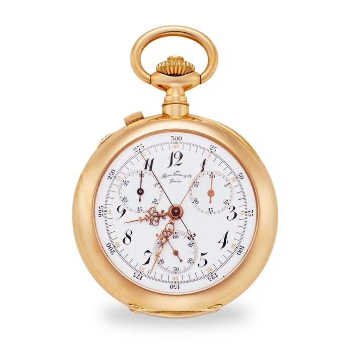 HAAS NEVEUX & CIE., GENEVA. A FINE AND RARE18K ROSE GOLD OPEN FACE KEYLESS DOUBLE CHRONOGRAPH WITH INDEPENDENT REGISTERSCirca 1910