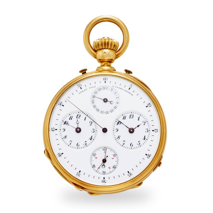 Audemars GOLAY FILS & STAHL, GENÈVE. A FINE AND RARE 18K GOLD OPEN FACE TWO TRAIN INDEPENDENT DEAD SECONDS KEYLESS LEVER WATCH WITH DUAL TIME, DATE AND JUMP FIFTH SECONDSMovement attributed to Louis Audemars & Cie. Circa 1865