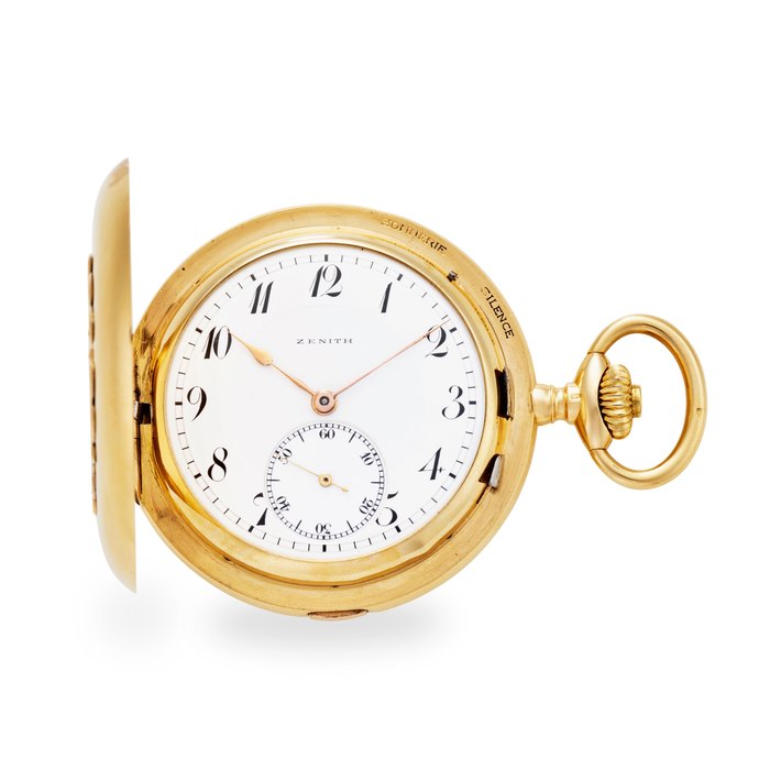 ZENITH. A FINE 18K ROSE GOLD HUNTER CASED KEYLESS LEVER TWO TRAIN MINUTE REPEATING CARILLON CLOCK WATCHCirca 1900