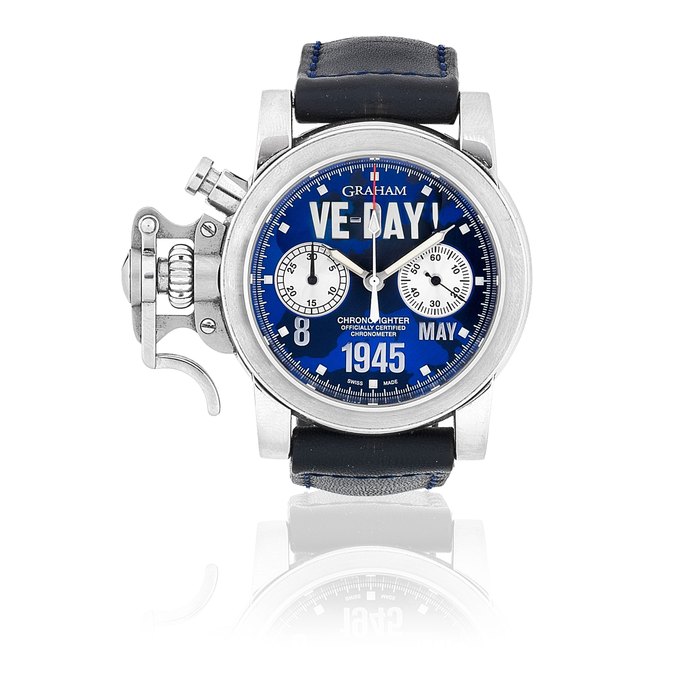 Graham. A Limited Edition stainless steel automatic chronograph wristwatch Chronofighter VE-DAY! 8 May 1945, Ref: 2CFBS, Limited Edition No.034/100, Sold 9th February 2008