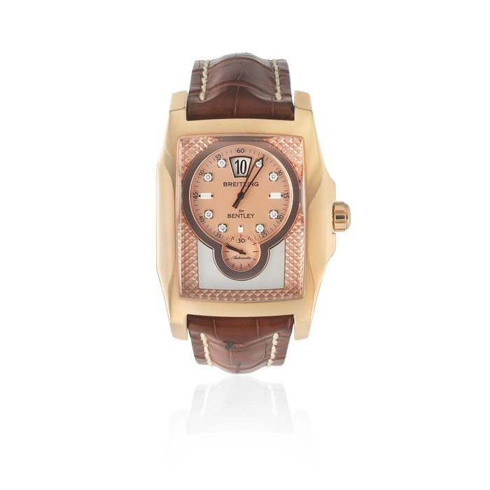 Breitling for Bentley. An 18K rose gold and diamond set automatic rectangular wristwatch with jump hour Flying B, Ref: R28362, Purchased 17th September 2008