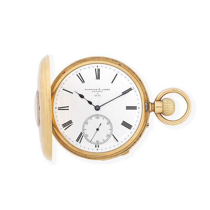 Barraud & Lunds, London. An 18K gold keyless wind half hunter quarter repeating pocket watch London Hallmark for 1872