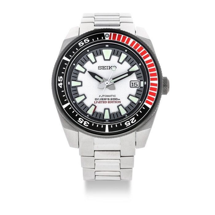 Seiko. A Stainless Steel Limited Edition Automatic Diver's Calendar Bracelet Watch,'Prospex', Ref.SNM017 "White Ninja", No.428/500, With Guarantee, Manual, Extra Strap and Box