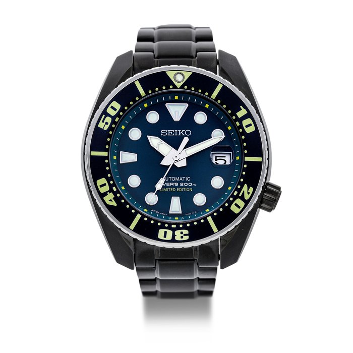 Seiko Seiko. A Black Coated Stainless Steel Limited Edition Automatic Diver's Calendar Bracelet Watch, 'Prospex', Ref.SBDC019 "Green Sumo", No. 281/550, With Box, Guarantee, Manual and Extra Strap, Price & Market Data