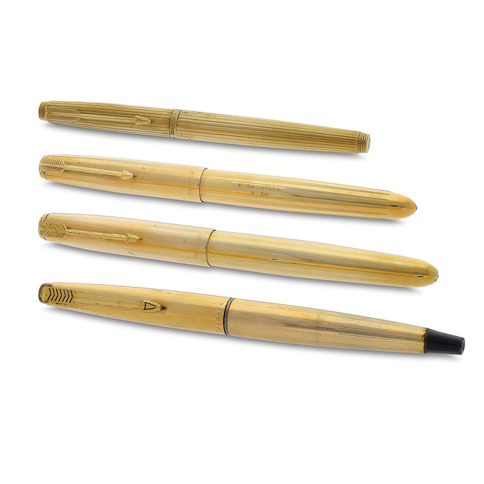  Parker. A Group of Four Gold Filled "Pin Stripe" Fountain Pens, Price & Market Data