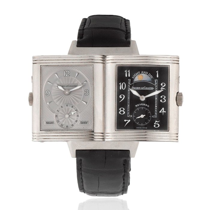 Jaeger-LeCoultre. An 18K white gold manual wind reversible rectangular wristwatch with moon phase and dual time zone Reverso Night & Day, Ref: 270.3.54, Circa 2005