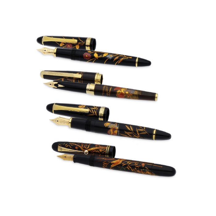 Sailor and Unsigned. A Group of Four assorted coloured lacquer Maki-E fountain pens, Circa 1990s