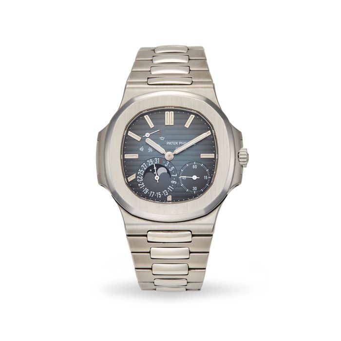 Patek Philippe. A fine stainless steel automatic calendar bracelet watch with moon phase and winding indicator Nautilus, Ref: 5712/1A-001, 2007