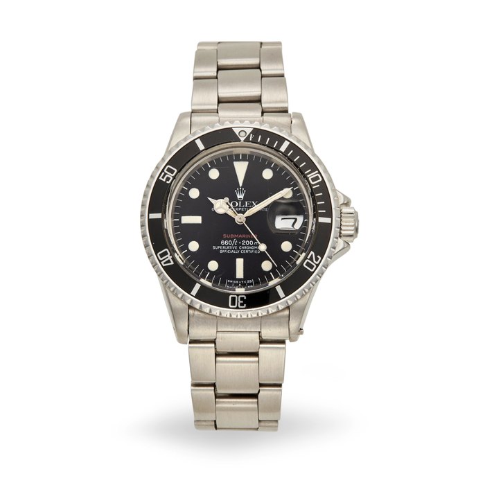 Rolex. A stainless steel automatic calendar bracelet watch 'Single Red' Submariner, Ref: 1680, c.1973