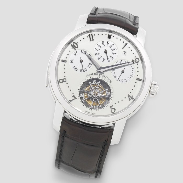 Vacheron Constantin. An exceptionally fine platinum manual wind minute repeating perpetual calendar wristwatch with tourbillon and power reserve to reverse Traditionnelle, Ref: 80172, Recent