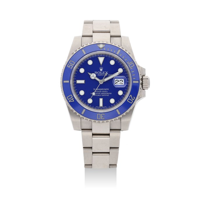Rolex. A White Gold Blue Submariner Bracelet Watch, Ref. 116619LB, No. V762980, With Box, Certificate, Original Receipt, 3 Spare Links