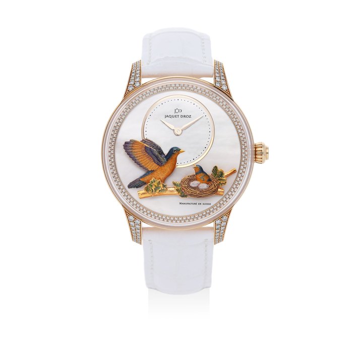 Jaquet Droz. A Pink Gold and Diamond Watch With Enamel and Mother-Of-Pearl Dial, Ref. J005023573, No. 11/28, With box and certificate
