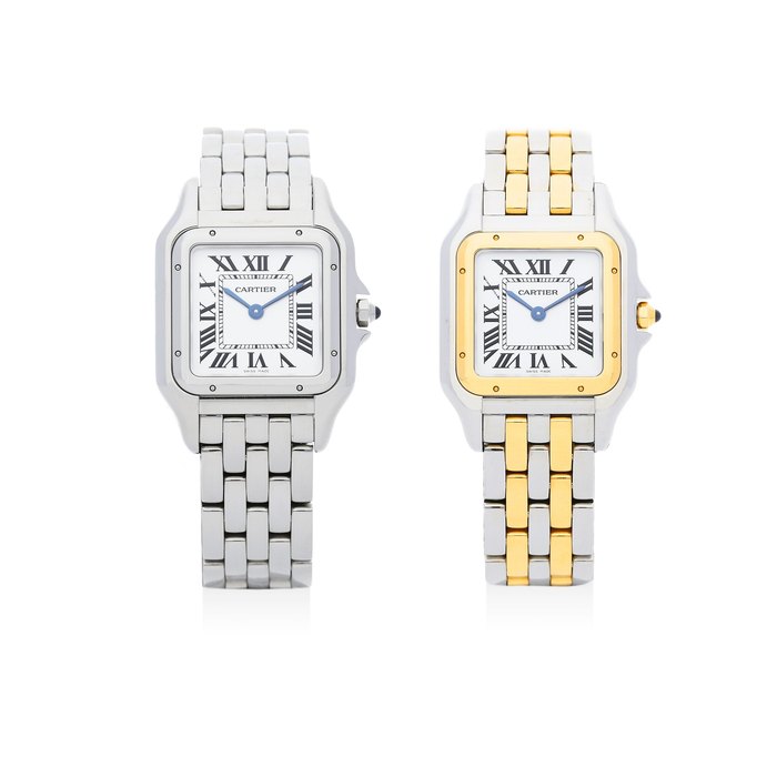 Cartier. A Pair of Two Panthere de Cariter Bracelet Watch, 1 in Steel and 1 in Yellow Gold and Steel (With copy of receipt) Ref. 4017