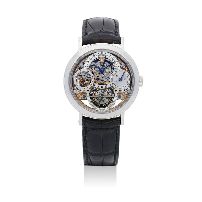 Breguet. A Platinum Skeletonised Perpetual Calendar Tourbillon Wristwatch, model 739 AC, Ref. 3755, with original box