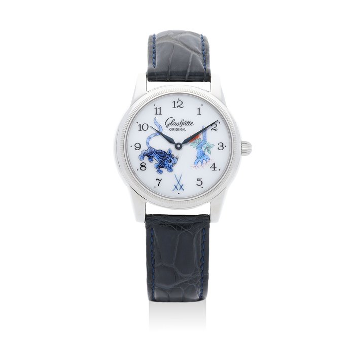 Glashütte Original Glashutte. A Stainless Steel Limited Edition Wristwatch with Meissen Porcelain Dial, No. 44/50, With certificate, Price & Market Data