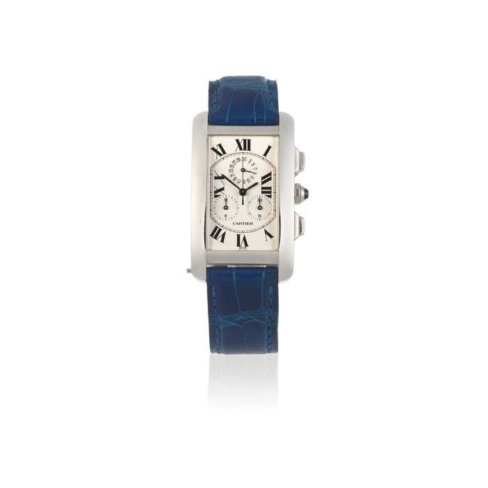 Cartier. An 18K white gold quartz calendar chronograph rectangular wristwatch Tank Américaine, Ref: 2312, Purchased 15th May 1997