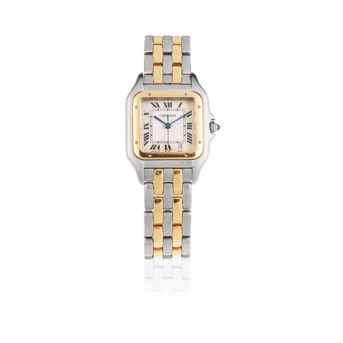 Cartier. A stainless steel and gold quartz calendar bracelet watch Panthére, Ref: 8394, Circa 1990