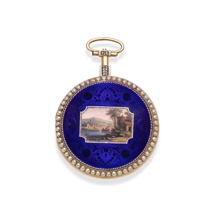 Mugnier, Rue de la Loy. A rare and unusual continental gold and seed pearl set key wind open face pocket watch with enamel decoration and virgule escapement Circa 1800