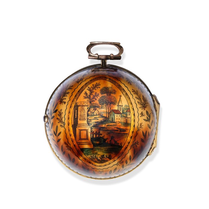 English. A gilt metal and under-painted horn keyless wind pair case clock watch Circa 1730, outer case circa 1770