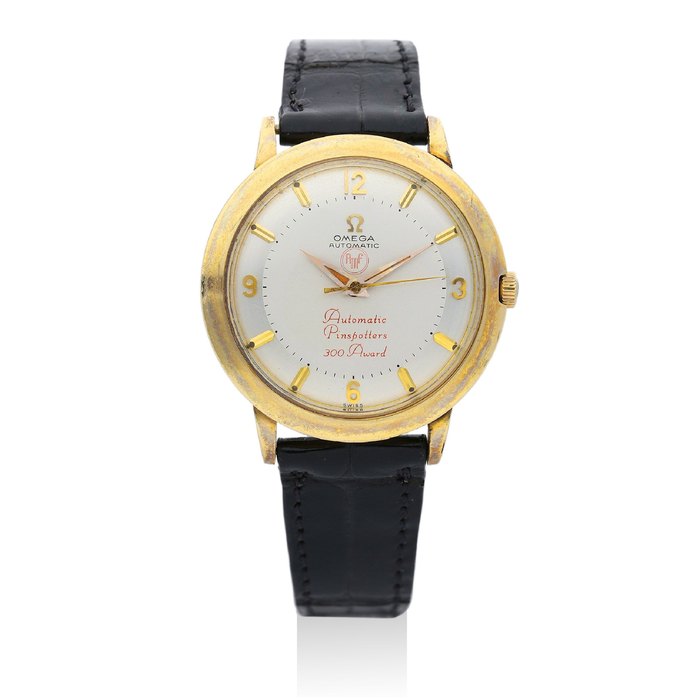 Omega. A Yellow Gold Pinspotters 300 Award Wristwatch