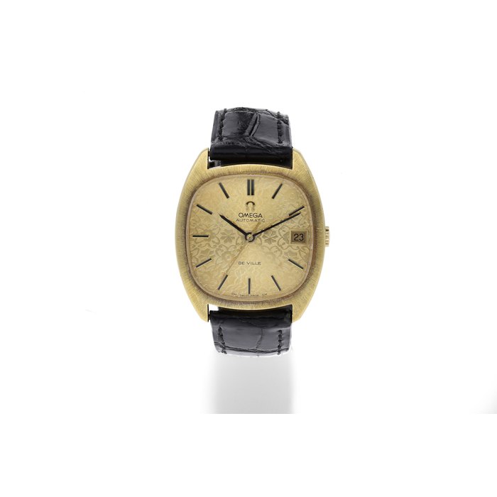 Omega. A Yellow Gold Automatic Wristwatch with Textured Dial and Date, With box