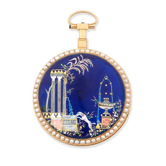 Chevalier et Compagnie. A gilt metal and seed pearl set key wind open face pocket watch with enamel decoration Circa 1870