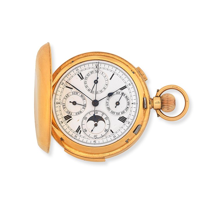  An 18K gold keyless wind minute repeating triple calendar full hunter pocket watch with moon phase London Import mark for 1915, Price & Market Data