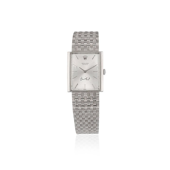 Rolex. An 18K white gold manual wind rectangular bracelet watch with signature of King Faisal of Saudi Arabia Ref: 3683, Circa 1970