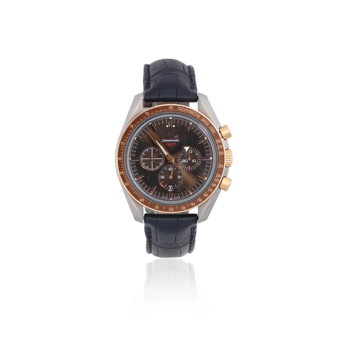 Omega. A stainless steel and rose gold automatic calendar chronograph wristwatch Speedmaster Broad Arrow '1957', Ref: 321.93.42.50.13.001, Purchased 14th January 2011