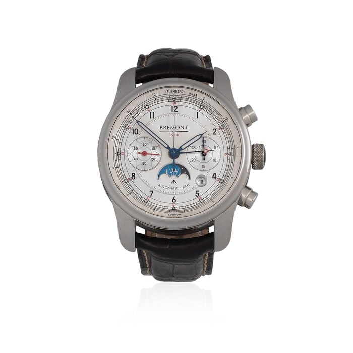 Bremont. A Limited Edition stainless steel automatic calendar chronograph wristwatch with moon phase, dual time indication and comprised of components from 4 original RAF aircrafts from WWI and WWII 1918 GMT, Limited Edition No.106/275, Purchased 18th December 2017, Released 2018