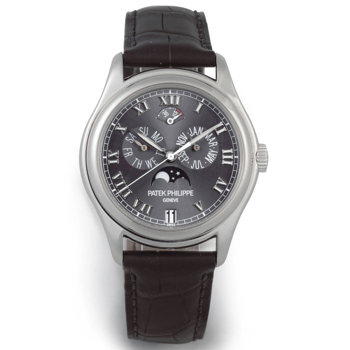 Patek Philippe. A Fine and recently serviced platinum automatic annual calendar wristwatch with moon phase Ref: 5056, Sold 22nd July 2003