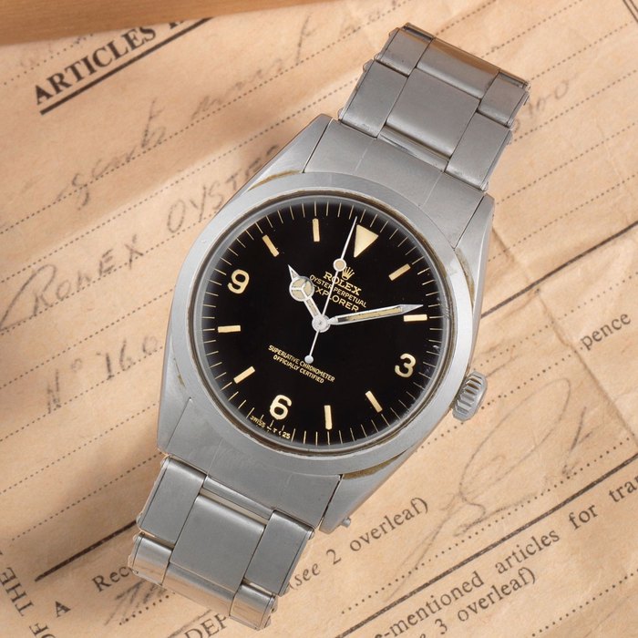Rolex. A rare stainless steel automatic bracelet watch with early gloss dial Explorer, Ref: 1016, Sold 26th June 1965