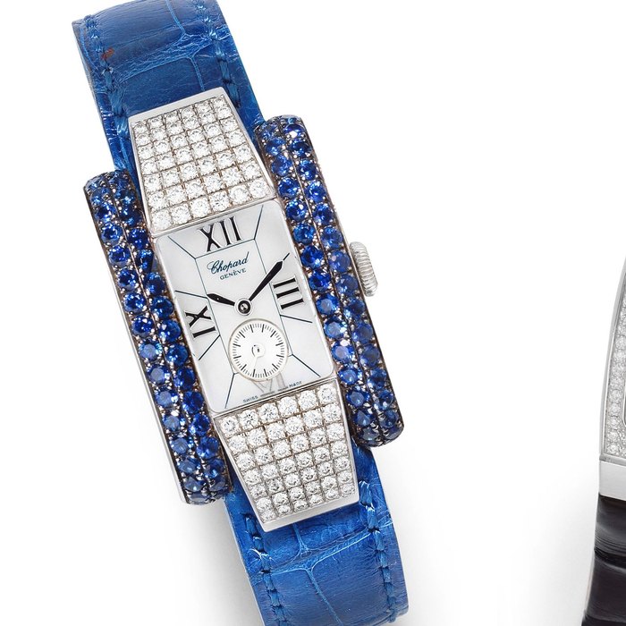 Chopard. A lady's 18K white gold, sapphire and diamond set quartz rectangular wristwatch La Strada, Ref: 5280, Circa 2000