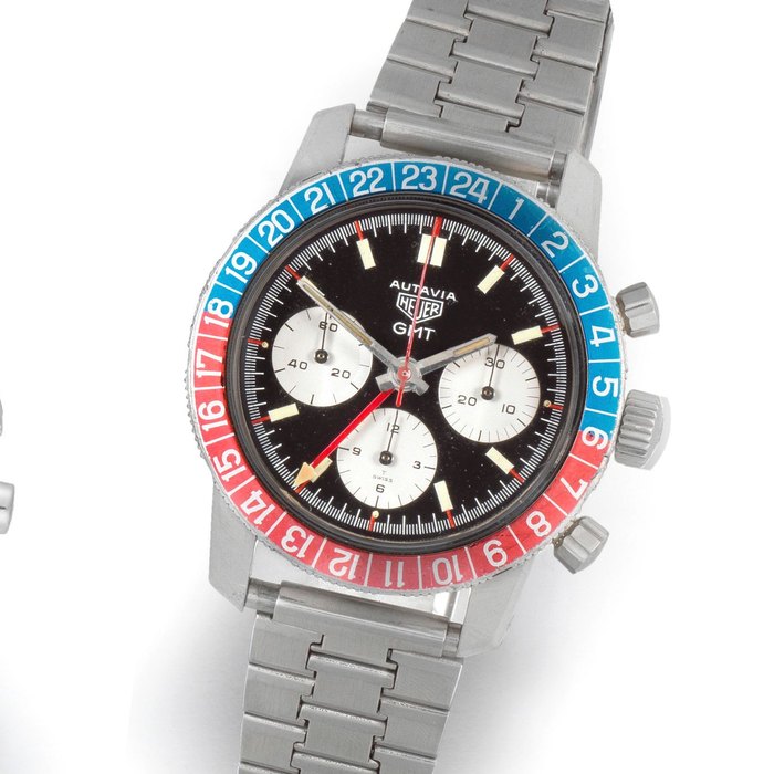 Heuer. A stainless steel manual wind chronograph bracelet watch with dual time zone Autavia GMT, Ref: 2446 C, Circa 1970