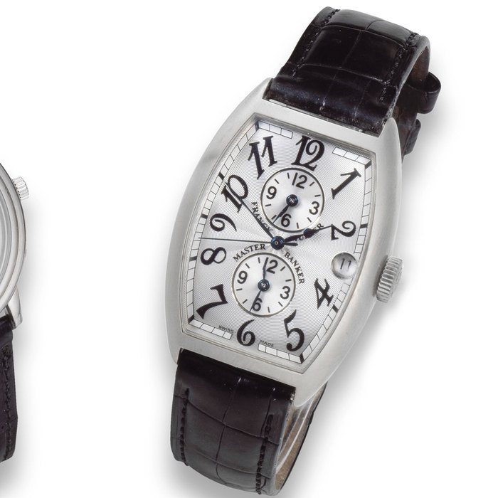 Franck Muller. An 18K white gold automatic calendar tonneau form wristwatch with dual time zone Master Banker, Ref: 5850 MB, Circa 2000