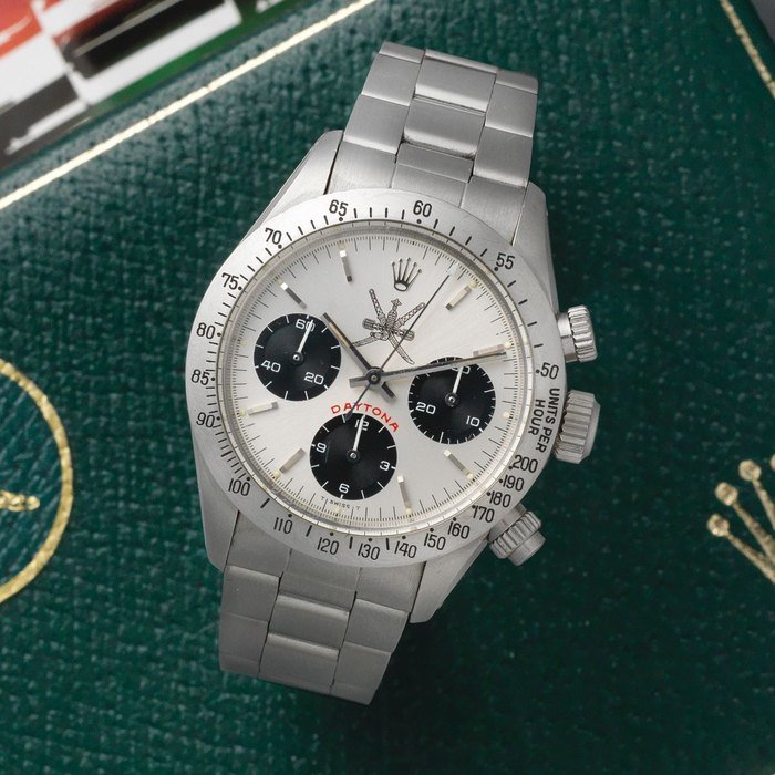 Rolex Rolex. An extremely rare stainless steel manual wind chronograph bracelet watch with 'Khanjar' dial Cosmograph Daytona, Ref: 6265/6263, Circa 1980 · 6265/6263