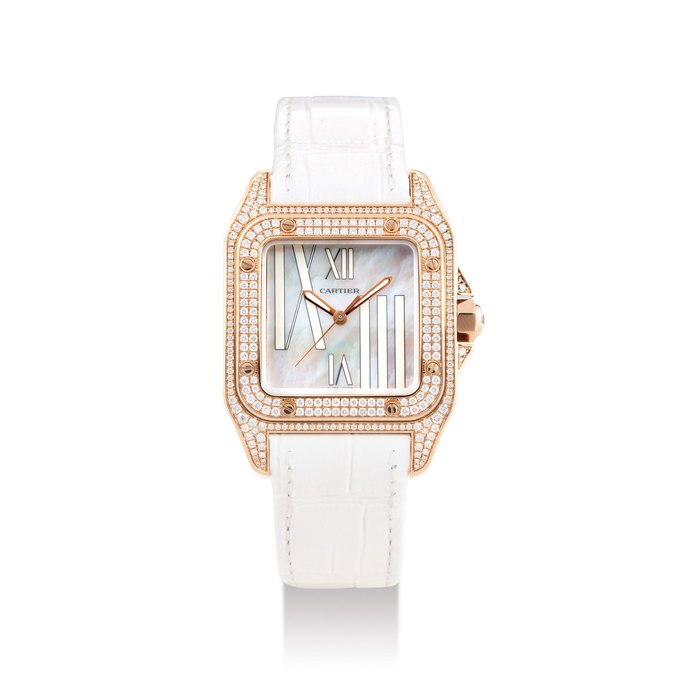 Cartier. A Pink Gold and Diamond MOP Dial Santos 100 Wristwatch, No. 119875MX, With Box and Certificate
