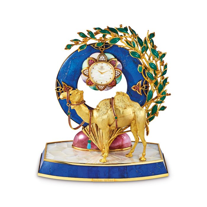  Jean & Pierre Bellin. A Fine and Unique Yellow Gold, Ruby, Emerald, Diamond, Yellow Sapphire, Lapis Lazuli and Mother-of-Pearl Set Camel Clock, Price & Market Data