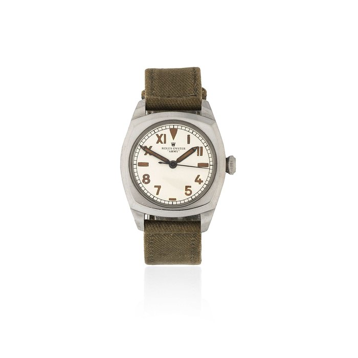 Rolex. A stainless steel manual wind cushion form wristwatch with California dial Oyster 'Army', Ref: 3139, Circa 1940