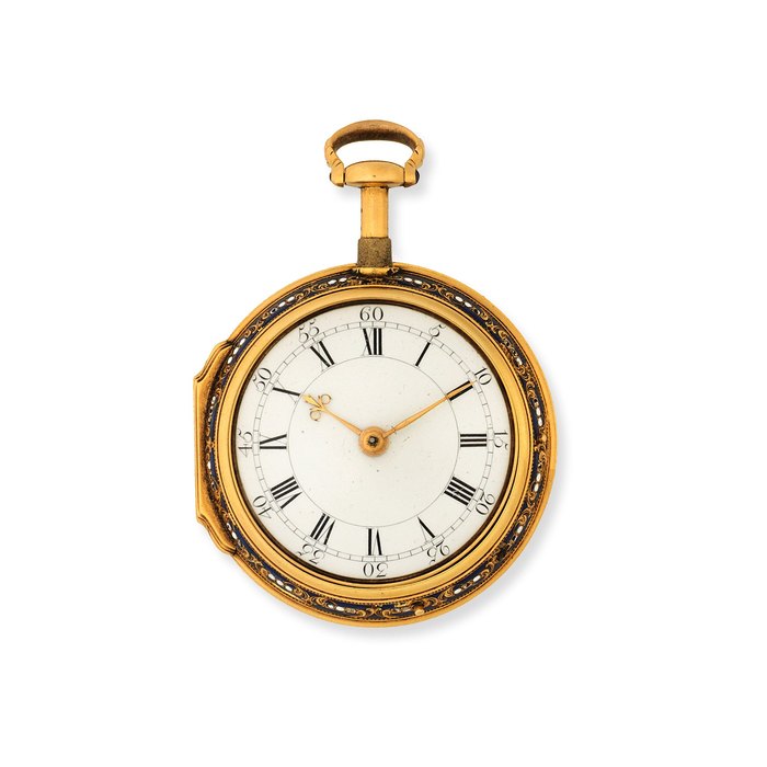 Mudge and Dutton with enamel by Moser. A fine gold quarter repeating cylinder pair case pocket watch with later Shagreen and glass display case by John Paul Cooper Circa 1770