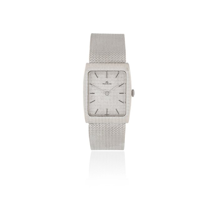 Movado Movado. An 18K white gold manual wind tonneau form bracelet watch Circa 1980, Price & Market Data