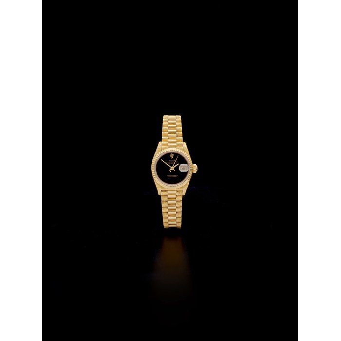 Rolex. A fine 18K gold lady's automatic calendar bracelet watch with oxyx dial Oyster Perpetual Datejust, Ref: 69178, Circa 1993