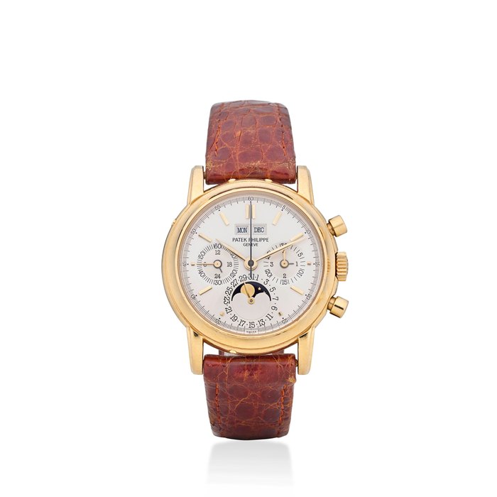 Patek Philippe. A fine 18K gold chronograph wristwatch with perpetual calendar and moon phaseRef: 3970 E, second series, 1990