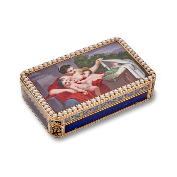 A very fine Swiss enameled gold musical snuff boxWith the cameo mark P&C for Piguet & Capt, Geneva, incuse lozenge box maker's mark S D and French guarantee marks for imported gold 1822 - 1838 First quarter 19th century
