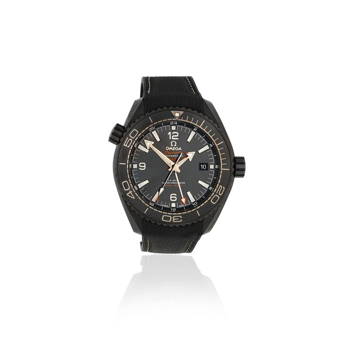 Omega. A ceramic automatic calendar wristwatch with co-axial escapement and dual time zone Omega Seamaster Planet Ocean GMT Deep Black, Ref: 21592462201001, Sold 22nd December 2016
