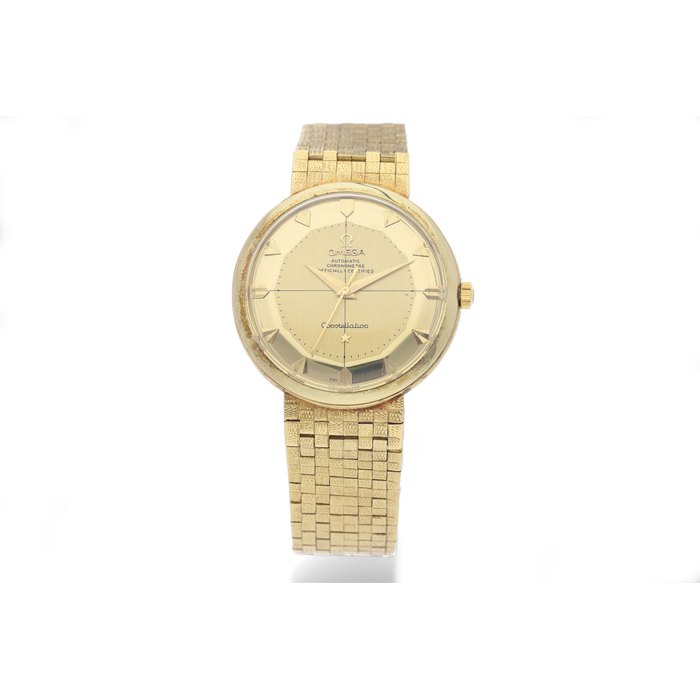Omega. A Yellow Gold Bumper Automatic Bracelet Watch with Two-Tone Dial