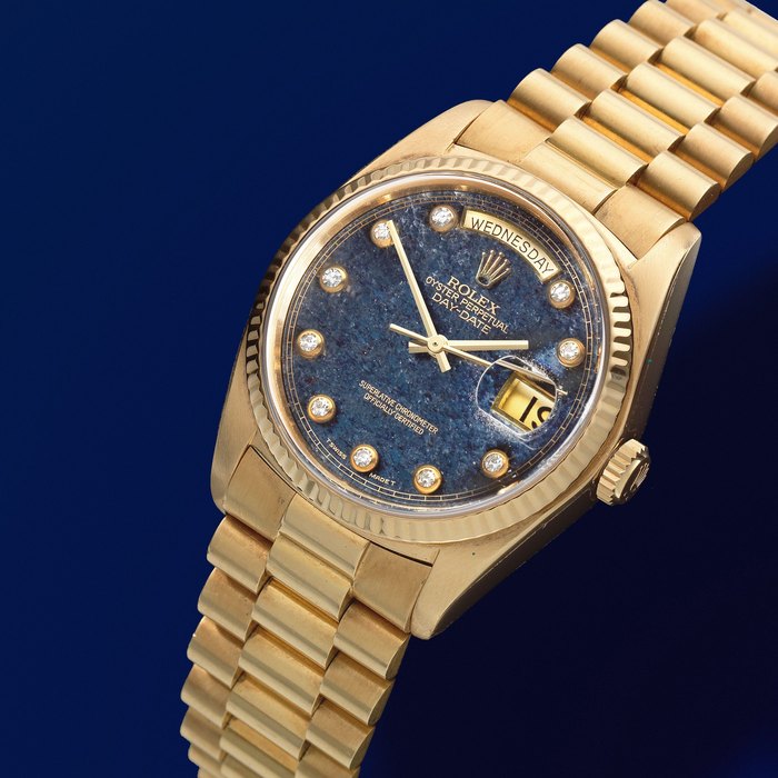 Rolex. An 18K gold automatic calendar bracelet watch with diamond set Aventurine dial Day-Date, Ref: 18038, Circa 1978
