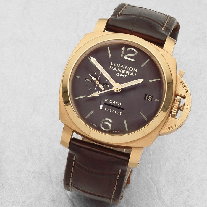Panerai Officine Panerai. A fine 18K rose gold Limited Edition manual wind dual time zone wristwatch with 8 day power reserve Luminor 8 Days GMT, Limited Edition No.M141/200, Circa 2009