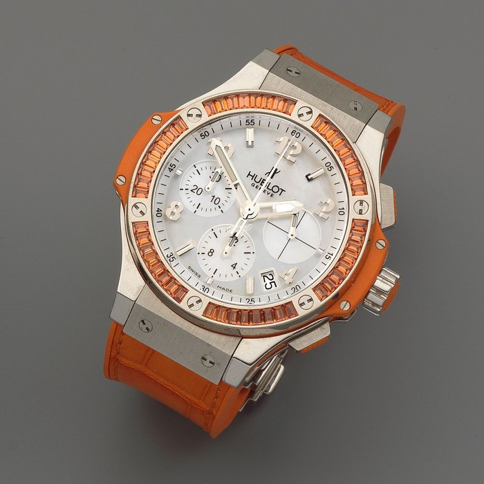 Hublot Hublot. A stainless steel, titanium and orange sapphire set automatic calendar chronograph wristwatch with mother of pearl dial Big Bang Tutti Frutti Orange, Recent, Price & Market Data
