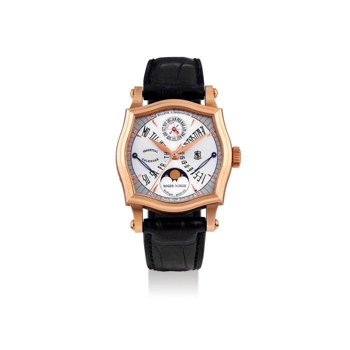 Roger Dubuis. A Limited Edition Pink Gold Perpetual Calendar Wristwatch with Moon-Phases and Leap Year Indication